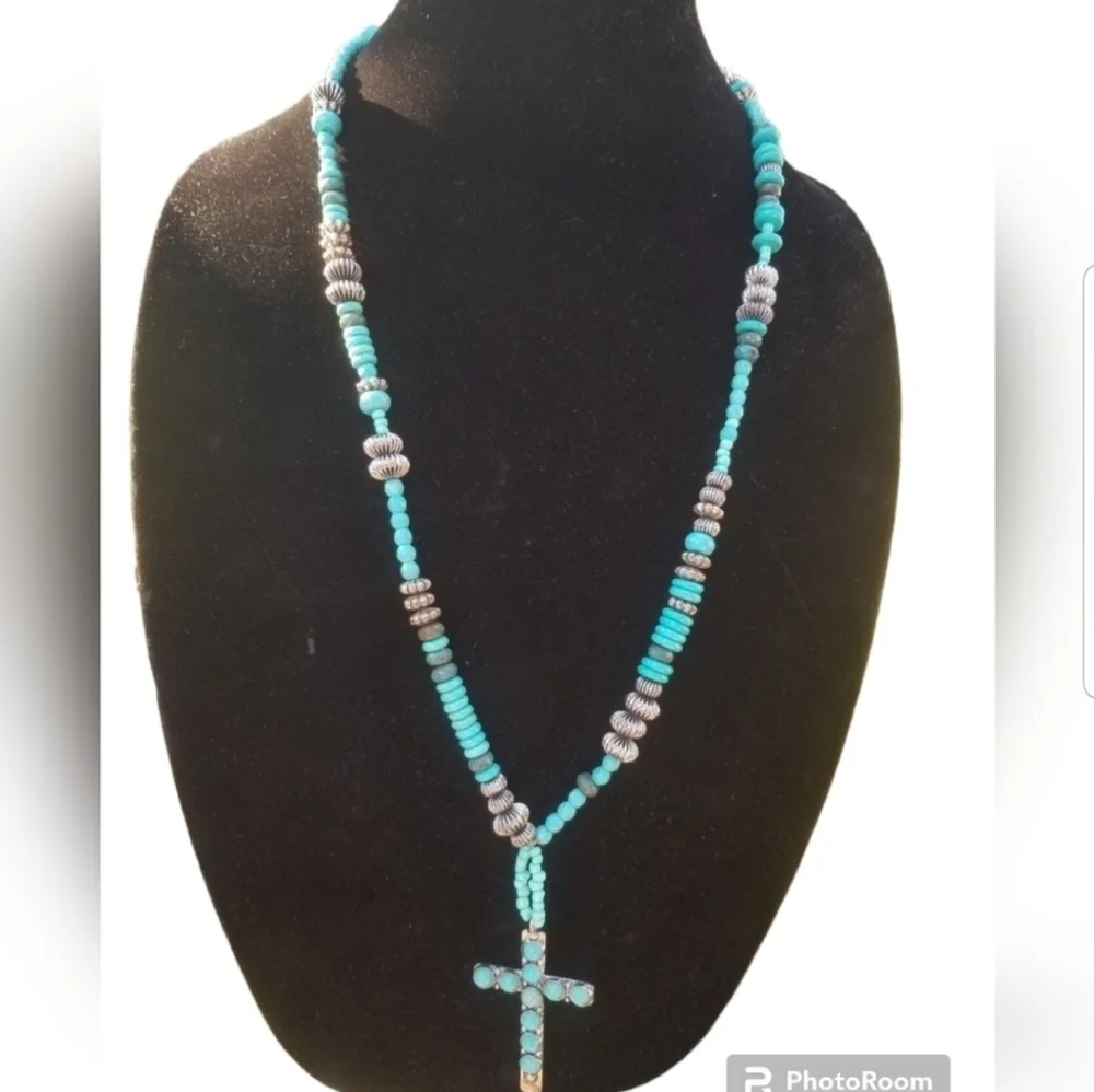 GYPSY SOULE TURQUOISE & SILVERTONED CROSS PENDANT SOUTHWEST NECKLACE